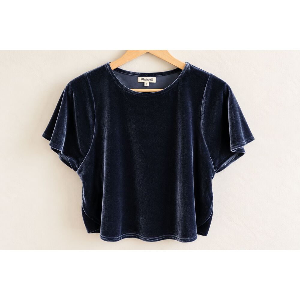 Madewell XS Navy Velvet Short Sleeve Top NWOT Boxy Relaxed Blouse